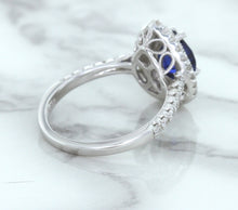 Load image into Gallery viewer, 1.48ct Pear Blue Sapphire Ring with Double Diamond Halo in 18K White Gold