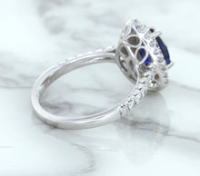 Load image into Gallery viewer, 1.48ct Pear Blue Sapphire Ring with Double Diamond Halo in 18K White Gold