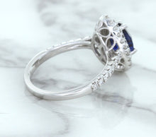 Load image into Gallery viewer, 1.48ct Pear Blue Sapphire Ring with Double Diamond Halo in 18K White Gold