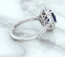 Load image into Gallery viewer, 1.48ct Pear Blue Sapphire Ring with Double Diamond Halo in 18K White Gold