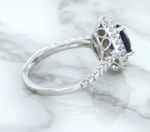 Load image into Gallery viewer, 1.48ct Pear Blue Sapphire Ring with Double Diamond Halo in 18K White Gold