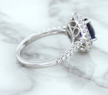 Load image into Gallery viewer, 1.48ct Pear Blue Sapphire Ring with Double Diamond Halo in 18K White Gold