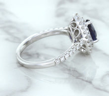 Load image into Gallery viewer, 1.48ct Pear Blue Sapphire Ring with Double Diamond Halo in 18K White Gold