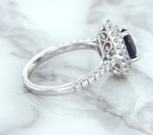 Load image into Gallery viewer, 1.48ct Pear Blue Sapphire Ring with Double Diamond Halo in 18K White Gold