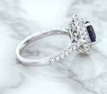 Load image into Gallery viewer, 1.48ct Pear Blue Sapphire Ring with Double Diamond Halo in 18K White Gold