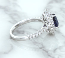 Load image into Gallery viewer, 1.48ct Pear Blue Sapphire Ring with Double Diamond Halo in 18K White Gold