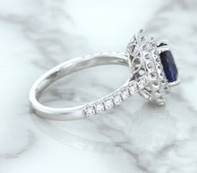 Load image into Gallery viewer, 1.48ct Pear Blue Sapphire Ring with Double Diamond Halo in 18K White Gold