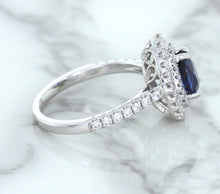 Load image into Gallery viewer, 1.48ct Pear Blue Sapphire Ring with Double Diamond Halo in 18K White Gold