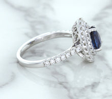 Load image into Gallery viewer, 1.48ct Pear Blue Sapphire Ring with Double Diamond Halo in 18K White Gold