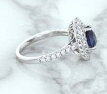Load image into Gallery viewer, 1.48ct Pear Blue Sapphire Ring with Double Diamond Halo in 18K White Gold
