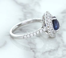Load image into Gallery viewer, 1.48ct Pear Blue Sapphire Ring with Double Diamond Halo in 18K White Gold