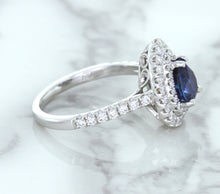 Load image into Gallery viewer, 1.48ct Pear Blue Sapphire Ring with Double Diamond Halo in 18K White Gold
