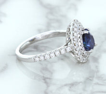 Load image into Gallery viewer, 1.48ct Pear Blue Sapphire Ring with Double Diamond Halo in 18K White Gold