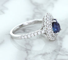 Load image into Gallery viewer, 1.48ct Pear Blue Sapphire Ring with Double Diamond Halo in 18K White Gold