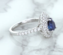 Load image into Gallery viewer, 1.48ct Pear Blue Sapphire Ring with Double Diamond Halo in 18K White Gold