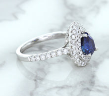 Load image into Gallery viewer, 1.48ct Pear Blue Sapphire Ring with Double Diamond Halo in 18K White Gold