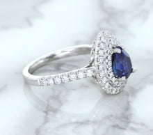 Load image into Gallery viewer, 1.48ct Pear Blue Sapphire Ring with Double Diamond Halo in 18K White Gold