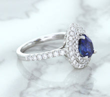 Load image into Gallery viewer, 1.48ct Pear Blue Sapphire Ring with Double Diamond Halo in 18K White Gold