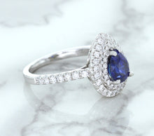 Load image into Gallery viewer, 1.48ct Pear Blue Sapphire Ring with Double Diamond Halo in 18K White Gold