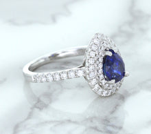 Load image into Gallery viewer, 1.48ct Pear Blue Sapphire Ring with Double Diamond Halo in 18K White Gold