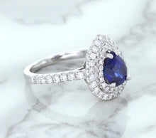 Load image into Gallery viewer, 1.48ct Pear Blue Sapphire Ring with Double Diamond Halo in 18K White Gold