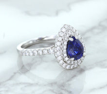 Load image into Gallery viewer, 1.48ct Pear Blue Sapphire Ring with Double Diamond Halo in 18K White Gold