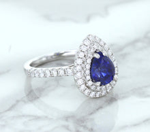 Load image into Gallery viewer, 1.48ct Pear Blue Sapphire Ring with Double Diamond Halo in 18K White Gold