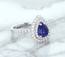 Load image into Gallery viewer, 1.48ct Pear Blue Sapphire Ring with Double Diamond Halo in 18K White Gold