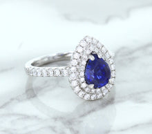 Load image into Gallery viewer, 1.48ct Pear Blue Sapphire Ring with Double Diamond Halo in 18K White Gold