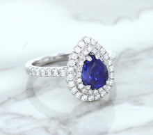 Load image into Gallery viewer, 1.48ct Pear Blue Sapphire Ring with Double Diamond Halo in 18K White Gold
