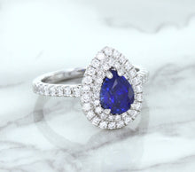Load image into Gallery viewer, 1.48ct Pear Blue Sapphire Ring with Double Diamond Halo in 18K White Gold