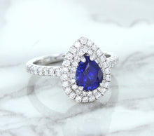 Load image into Gallery viewer, 1.48ct Pear Blue Sapphire Ring with Double Diamond Halo in 18K White Gold