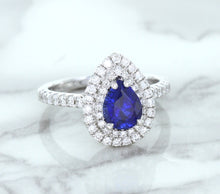 Load image into Gallery viewer, 1.48ct Pear Blue Sapphire Ring with Double Diamond Halo in 18K White Gold
