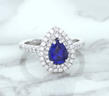Load image into Gallery viewer, 1.48ct Pear Blue Sapphire Ring with Double Diamond Halo in 18K White Gold