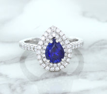 Load image into Gallery viewer, 1.48ct Pear Blue Sapphire Ring with Double Diamond Halo in 18K White Gold
