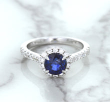 Load image into Gallery viewer, 1.82ct Round Blue Sapphire Ring with Diamond Halo in 18K White Gold