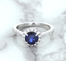 Load image into Gallery viewer, 1.82ct Round Blue Sapphire Ring with Diamond Halo in 18K White Gold
