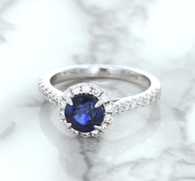 Load image into Gallery viewer, 1.82ct Round Blue Sapphire Ring with Diamond Halo in 18K White Gold