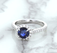 Load image into Gallery viewer, 1.82ct Round Blue Sapphire Ring with Diamond Halo in 18K White Gold