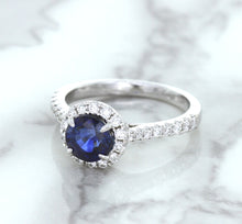 Load image into Gallery viewer, 1.82ct Round Blue Sapphire Ring with Diamond Halo in 18K White Gold