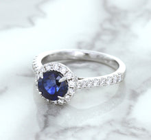 Load image into Gallery viewer, 1.82ct Round Blue Sapphire Ring with Diamond Halo in 18K White Gold