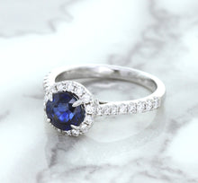 Load image into Gallery viewer, 1.82ct Round Blue Sapphire Ring with Diamond Halo in 18K White Gold
