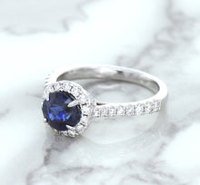 Load image into Gallery viewer, 1.82ct Round Blue Sapphire Ring with Diamond Halo in 18K White Gold