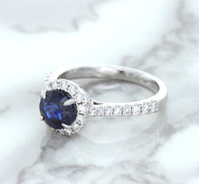 Load image into Gallery viewer, 1.82ct Round Blue Sapphire Ring with Diamond Halo in 18K White Gold