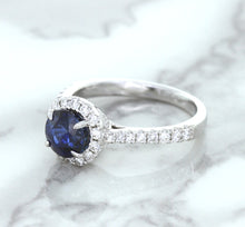 Load image into Gallery viewer, 1.82ct Round Blue Sapphire Ring with Diamond Halo in 18K White Gold