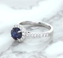 Load image into Gallery viewer, 1.82ct Round Blue Sapphire Ring with Diamond Halo in 18K White Gold