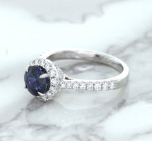 Load image into Gallery viewer, 1.82ct Round Blue Sapphire Ring with Diamond Halo in 18K White Gold