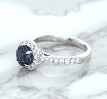 Load image into Gallery viewer, 1.82ct Round Blue Sapphire Ring with Diamond Halo in 18K White Gold