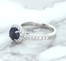 Load image into Gallery viewer, 1.82ct Round Blue Sapphire Ring with Diamond Halo in 18K White Gold