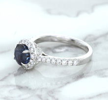 Load image into Gallery viewer, 1.82ct Round Blue Sapphire Ring with Diamond Halo in 18K White Gold